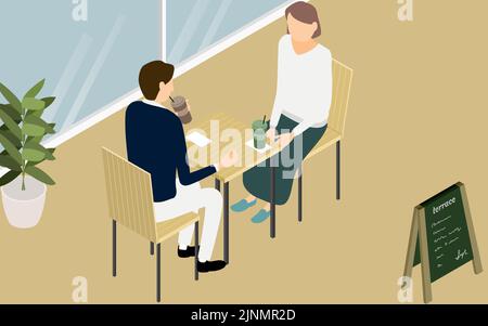 Isometric, men and women having tea on the terrace of a wood-style cafe Stock Vector