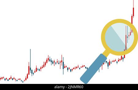 With candlestick chart, rise, magnifying glass used for stocks, FX and virtual currencies Stock Vector
