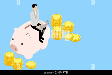 Educational image of money, men and coins sitting in a piggy bank and touching a laptop, isometric Stock Vector
