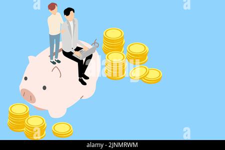 Educational image of money, piggy banks and coins for fathers, children and pigs, isometric Stock Vector