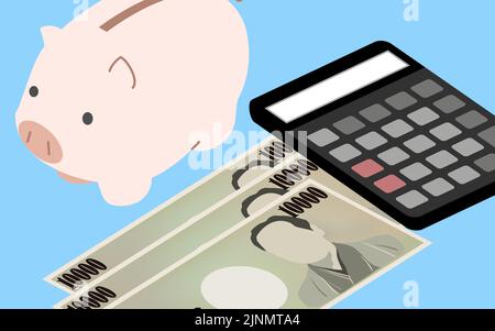 Educational image of money, piggy bank and calculator and cash, isometric Stock Vector