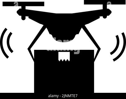 Simple icon of drone carrying luggage, black and white Stock Vector