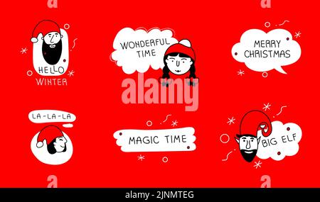 Set of avatars with head, face elf and Santa Claus character portrait and lettering Merry Christmas, Magic Time, Wonderful Time, Hello winter, Big elf Stock Vector