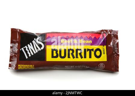 IRVINE, CALIFORNIA - 12 AUG 2022: A single frozen package of Tinas Beef and Bean Burrito. Stock Photo