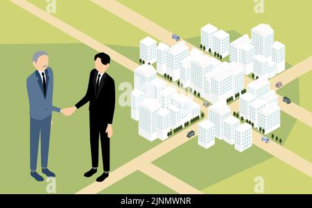 Image of real estate buying and selling, businessmen shaking hands, isometric illustration Stock Vector