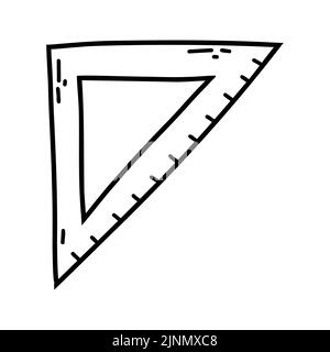 Hand drawn doodle triangle ruler. Vector sketch illustration of black outline school measurement scale tool, office stationery for print, coloring Stock Vector