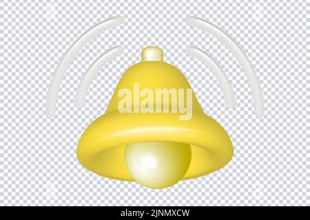 Glossy yellow bell icon in plastic cartoon style on transparent. Social media notice event reminder, alarm clock. Message notification, icon for User Stock Vector