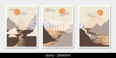 Mountain landscapes. Wall art minimal design vector set. Collection of trendy posters. Stock Vector