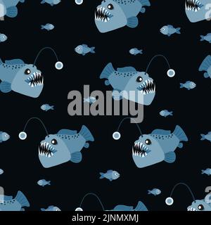 Seamless cartoon angler fish pattern. Vector marine background with anglers. Stock Vector