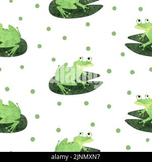 Funny watercolor frog pattern. Seamless vector background. Stock Vector