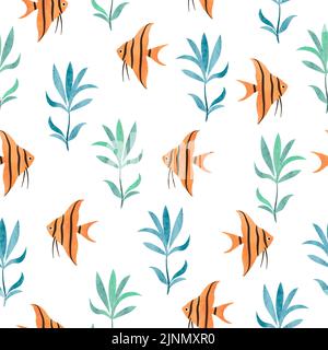Seamless watercolor Fish pattern. Underwater background. Hand drawn seaweeds and angelfish Stock Vector