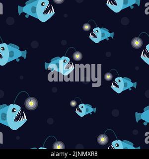 Seamless cartoon angler fish pattern. Vector marine background with anglers. Stock Vector
