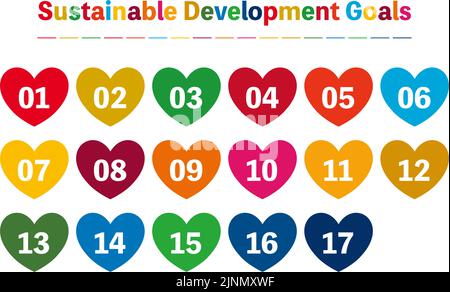 SDGs, a set of labels for development goals in 17 prescribed colors, heart-shaped Stock Vector