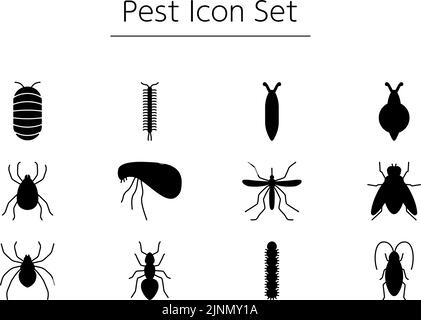 Simple icon set of unpleasant pests, cockroaches, mites, mosquitoes, flies, spiders, etc. Stock Vector