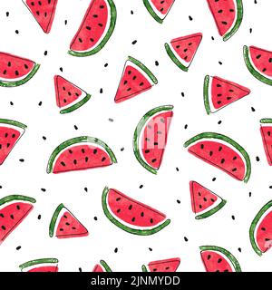 Seamless watermelons pattern. Vector summer background with watercolor watermelon slices. Stock Vector