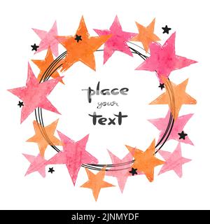 Abstract circle vector celebration background with orange and pink stars and place for text. Stock Vector