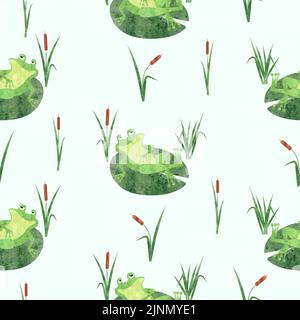 Funny frog pattern. Seamless vector marsh background with toad on lily pad. Stock Vector