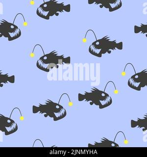 Seamless angler fish pattern. Vector marine background with anglers silhouettes. Stock Vector