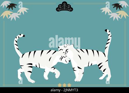 New Year's card with two white tigers greeting each other, Year of the Tiger 2022 Stock Vector