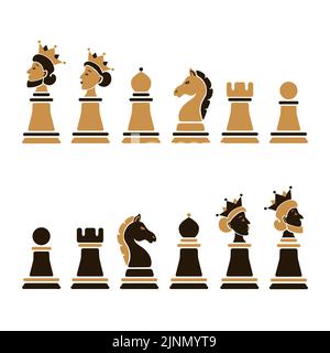 Vector set of cartoon chess pieces: king, queen, bishop, knight, rook, pawn isolated on white background. Stock Vector