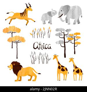 Cute cartoon African animals and trees. Vector Africa watercolor set. Elephant, lion, giraffe and antelope. Stock Vector