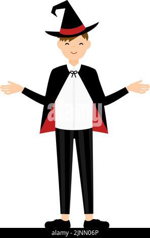 Halloween costume, boy in wizard costume holding out his arms Stock Vector