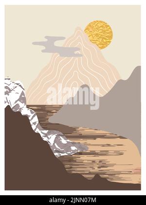 Mountain landscape wall arts set. Collection of abstract minimalist posters design with mountains, sea, sun Stock Vector