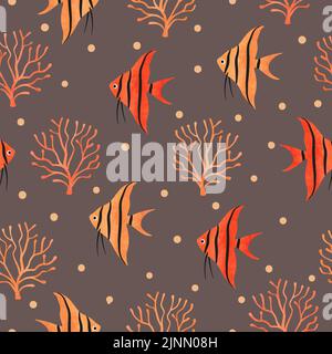 Orange Fish seamless pattern. Underwater watercolor background. Hand drawn corals and angelfish. Stock Vector