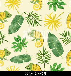 Seamless watercolor pattern with chameleons and tropical leaves. Stock Vector