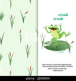 Marsh vector set. Cartoon Frog on lily pad and reeds pattern. Stock Vector