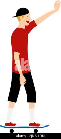 A man raises his arms in greeting while riding a skateboard. Stock Vector