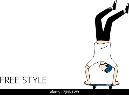 Skateboarding freestyle trick, man doing a handstand. Stock Vector