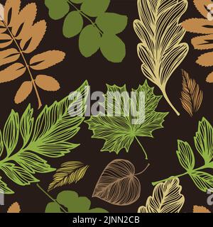 Autumn leaves dark background. Seamless pattern. Vector illustration. Fall foliage background Stock Vector