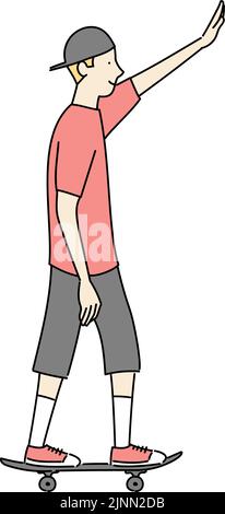 A man raises his arms in greeting while riding a skateboard. Stock Vector
