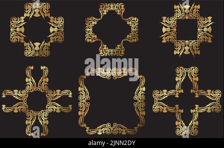 A set of vintage vector gold floral decorative borders and frames. Stock Vector