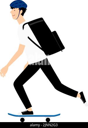 Skater man gliding with delivery bag on his back Stock Vector