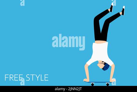 Skateboarding freestyle trick, man doing a handstand. Stock Vector