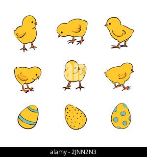 Easter set of cute cartoon chickens. Vector illustration of chicks Stock Vector