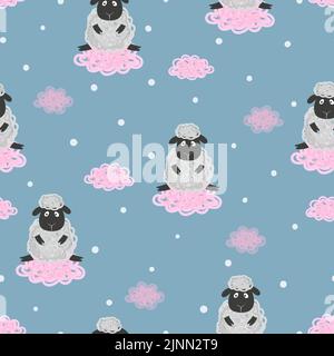 Seamless pattern with cute sheep and clouds. Vector childish background. Stock Vector