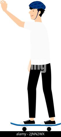 A man raises his arms in greeting while riding a skateboard. Stock Vector
