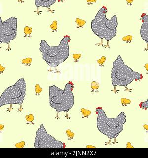 Seamless Easter pattern with hens and chicken. Vector chicks background Stock Vector