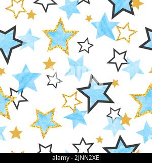 Seamless Stars pattern. Vector background with watercolor blue and glittering golden stars. Stock Vector