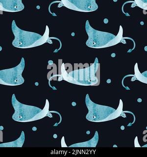 Seamless cute watercolor stingray pattern. Vector fish background with manta rays Stock Vector