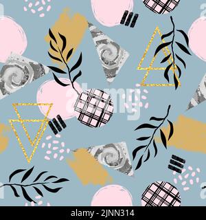 Abstract trendy background. Seamless pattern with plants and geometrical shapes. Stock Vector