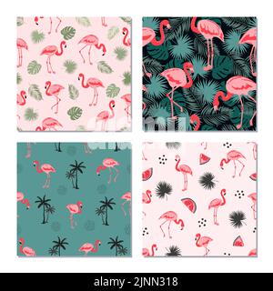 Seamless flamingo birds pattern. Vector set of tropical backgrounds with flamingos and leaves. Stock Vector