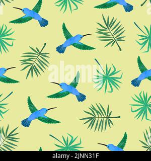Hummingbirds and exotic palm leaves. Seamless watercolor tropical pattern. Stock Vector