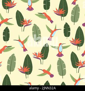 Seamless hummingbirds and Strelitzia flowers pattern. Vector summer tropic background. Stock Vector