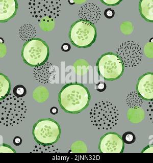 Seamless abstract pattern with cucumber slices. Vector watercolor vegetable background Stock Vector