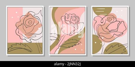 Minimal modern line art rose flower. Set of abstract floral posters. Wall art design. Stock Vector