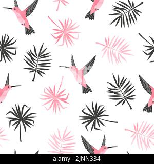 Hummingbirds and exotic tropical leaves pattern. Seamless watercolor tropic illustration. Stock Vector